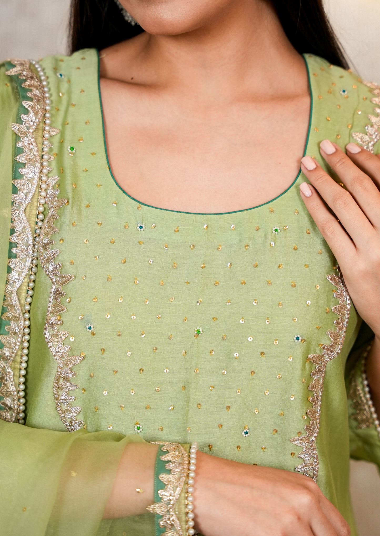 Light Green Chanderi Suit with Organza Dupatta & Hand Embroidery