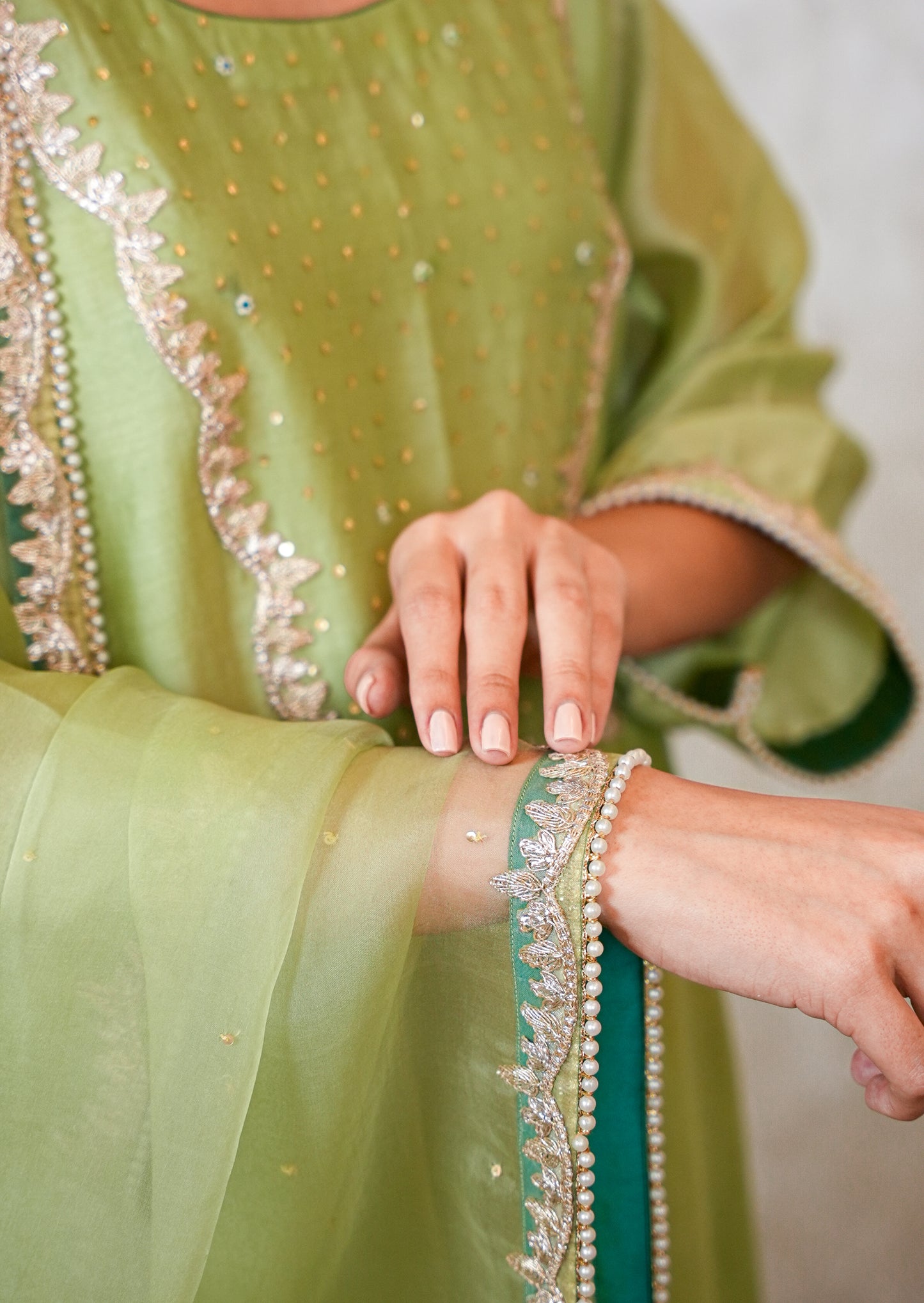 Light Green Chanderi Suit with Organza Dupatta & Hand Embroidery