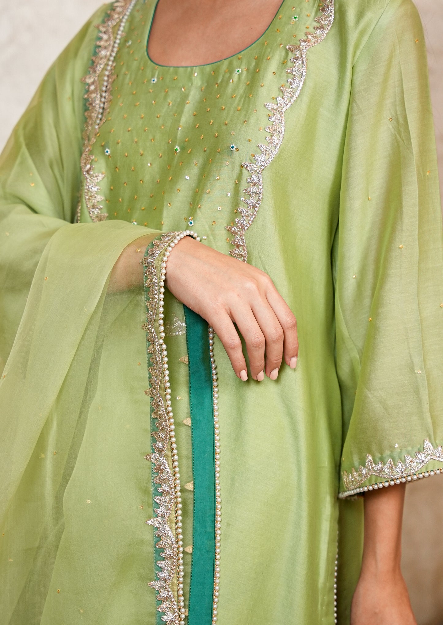 Light Green Chanderi Suit with Organza Dupatta & Hand Embroidery