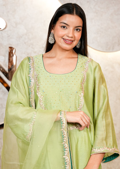Light Green Chanderi Suit with Organza Dupatta & Hand Embroidery