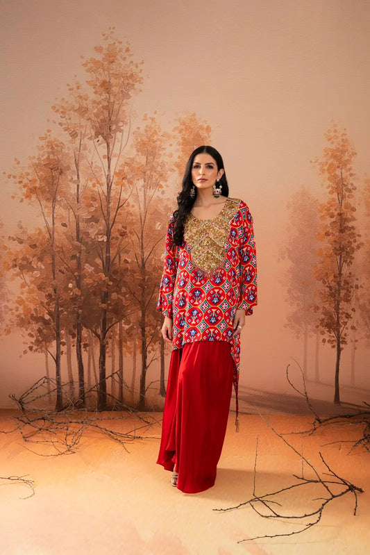Red Ikat Bloom Kurta Set