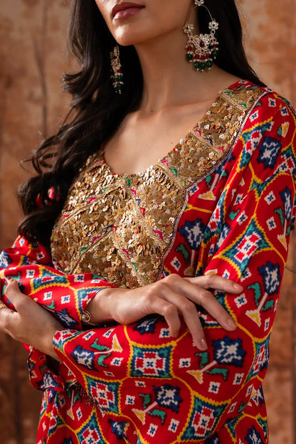 Red Ikat Bloom Kurta Set